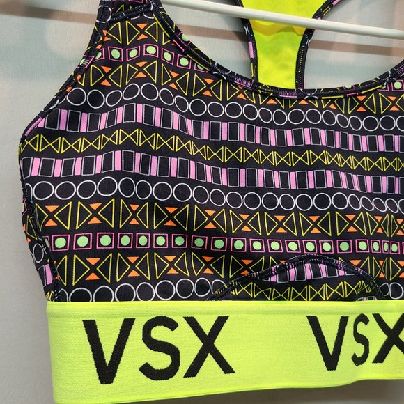 Victorias Secret Sports Bra Medium VSX Black Neon Yellow Racerback - Picture 3 of 8